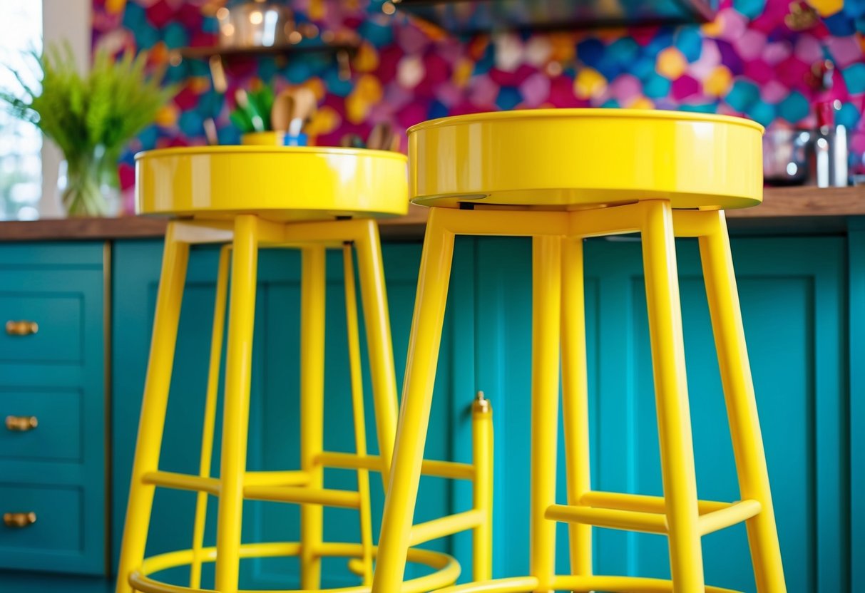 Bright lemon yellow bar stools pop against a backdrop of vibrant, colorful kitchen decor