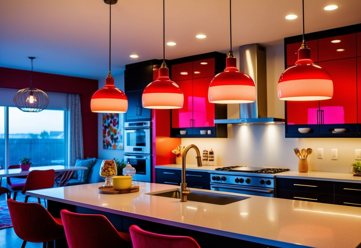 Vibrant pendant lights illuminate a modern kitchen, casting a warm ruby red glow over the colorful decor