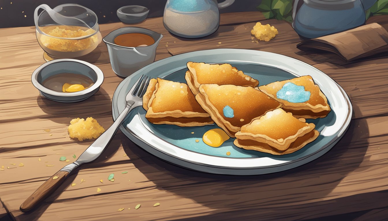 A plate of queijadas sits on a rustic table, surrounded by crumbs. A fork hovers over one, ready to take a bite