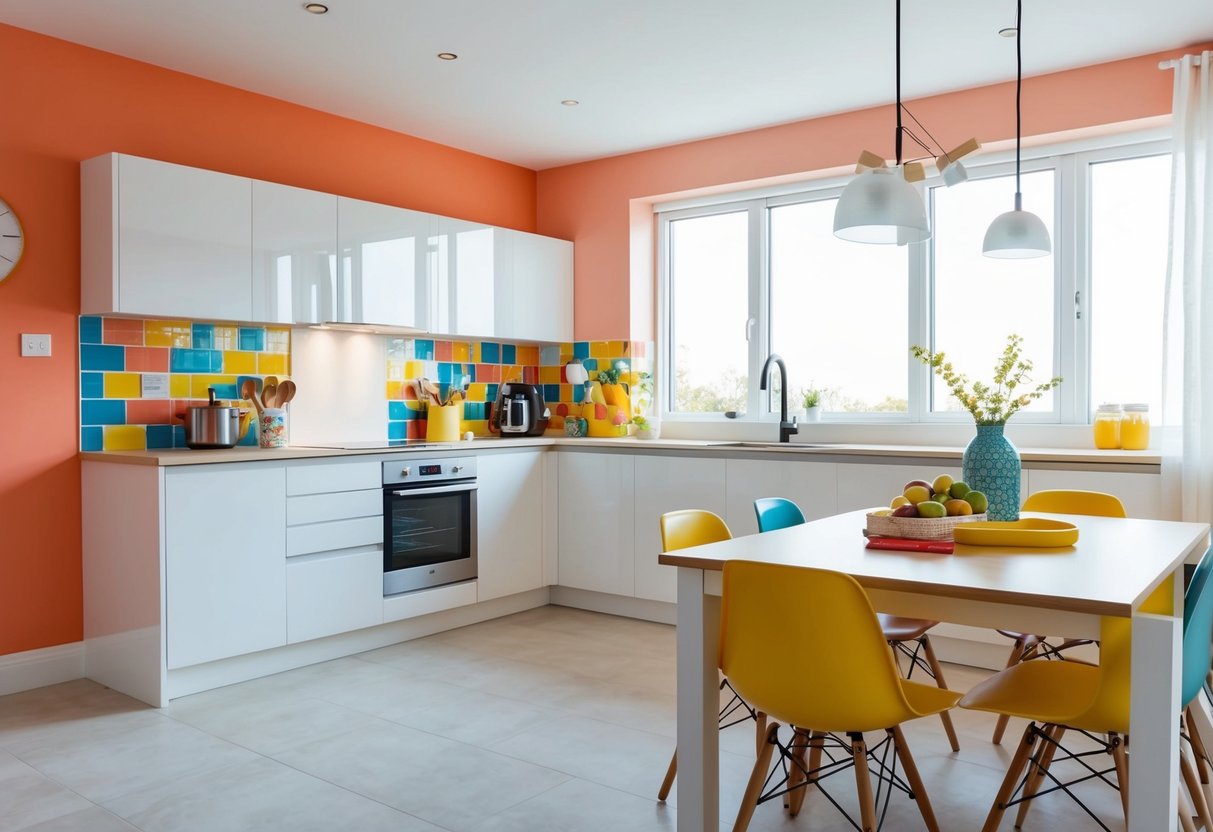 A bright, modern kitchen with coral accent walls, colorful decor, and natural light pouring in through large windows