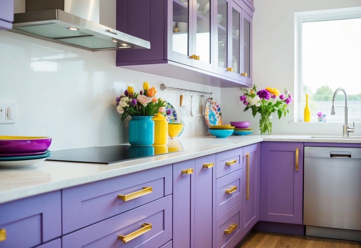 A bright, modern kitchen with vibrant lavender drawer pulls, colorful dishes, and fresh flowers on the counter