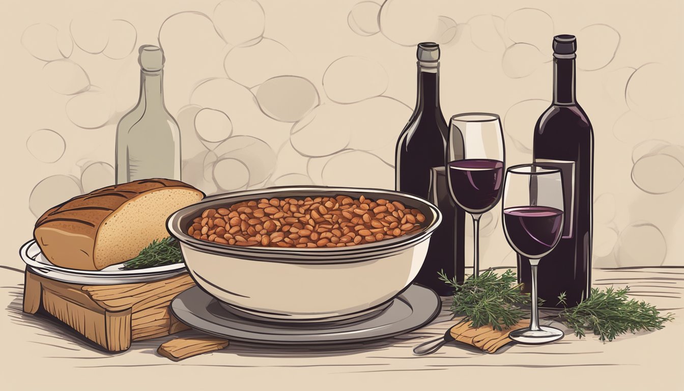 A rustic table set with a steaming bowl of cassoulet, surrounded by a loaf of crusty bread, a bottle of red wine, and a sprig of fresh thyme