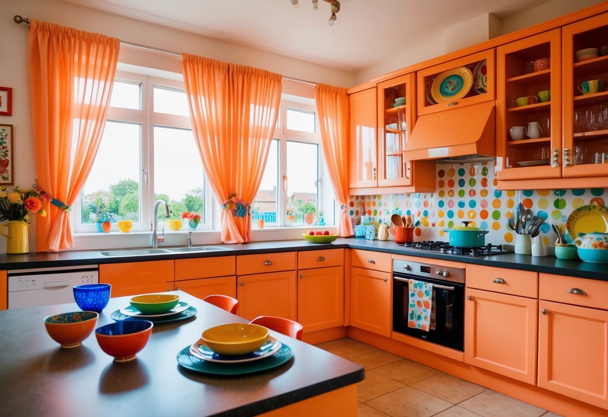 A bright kitchen with peach window curtains, colorful dishes, and vibrant decor