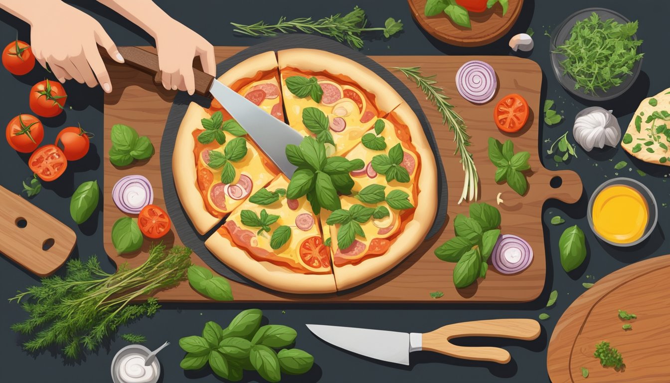 A person slicing flammekueche on a wooden cutting board with a pizza cutter, surrounded by fresh herbs and ingredients