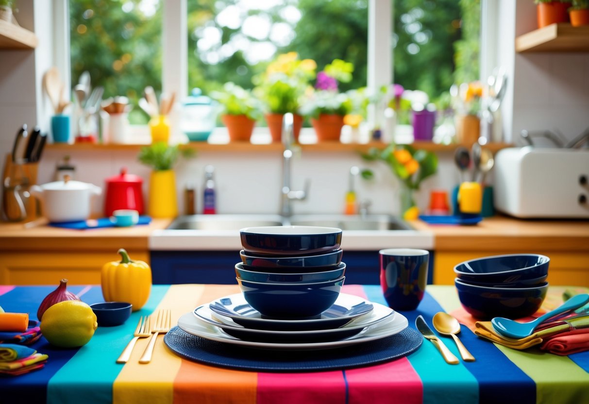 A navy blue dish set arranged on a colorful kitchen table with various vibrant kitchen utensils and accessories scattered around