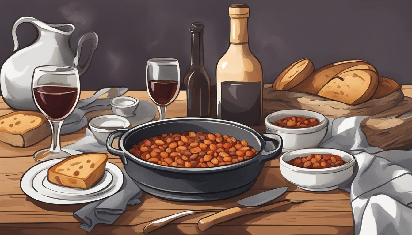 A rustic table set with a steaming clay pot of cassoulet, surrounded by crusty bread, a bottle of red wine, and a simple place setting