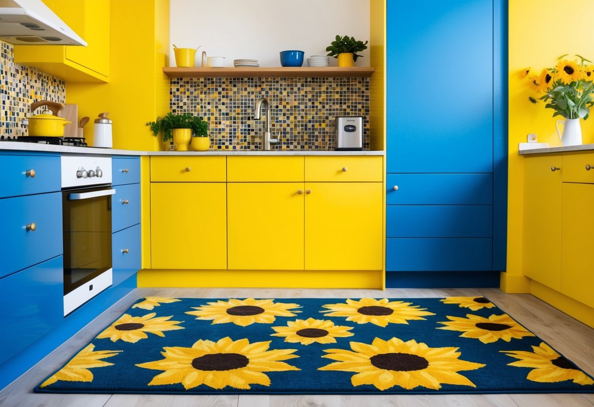 A sunflower-patterned rug in a colorful kitchen with bright yellow walls, blue cabinets, and a mosaic tile backsplash