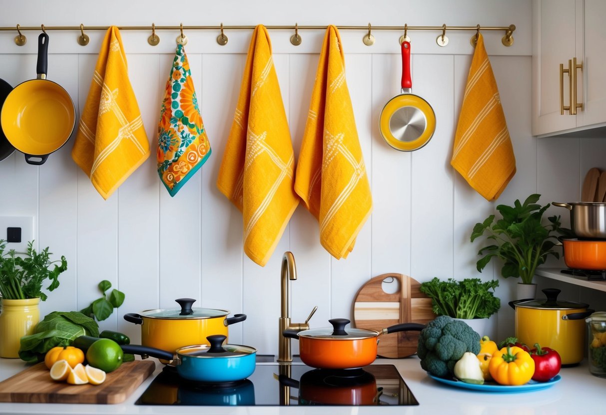 A bright kitchen with marigold towels hanging from hooks, surrounded by colorful cookware and fresh produce