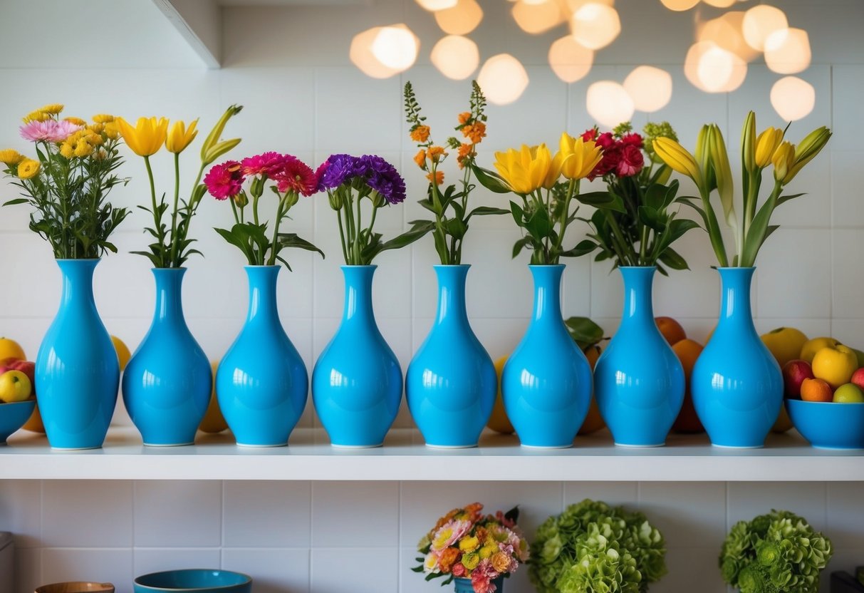 A collection of sky blue vases arranged on a kitchen shelf, surrounded by colorful fruits and flowers