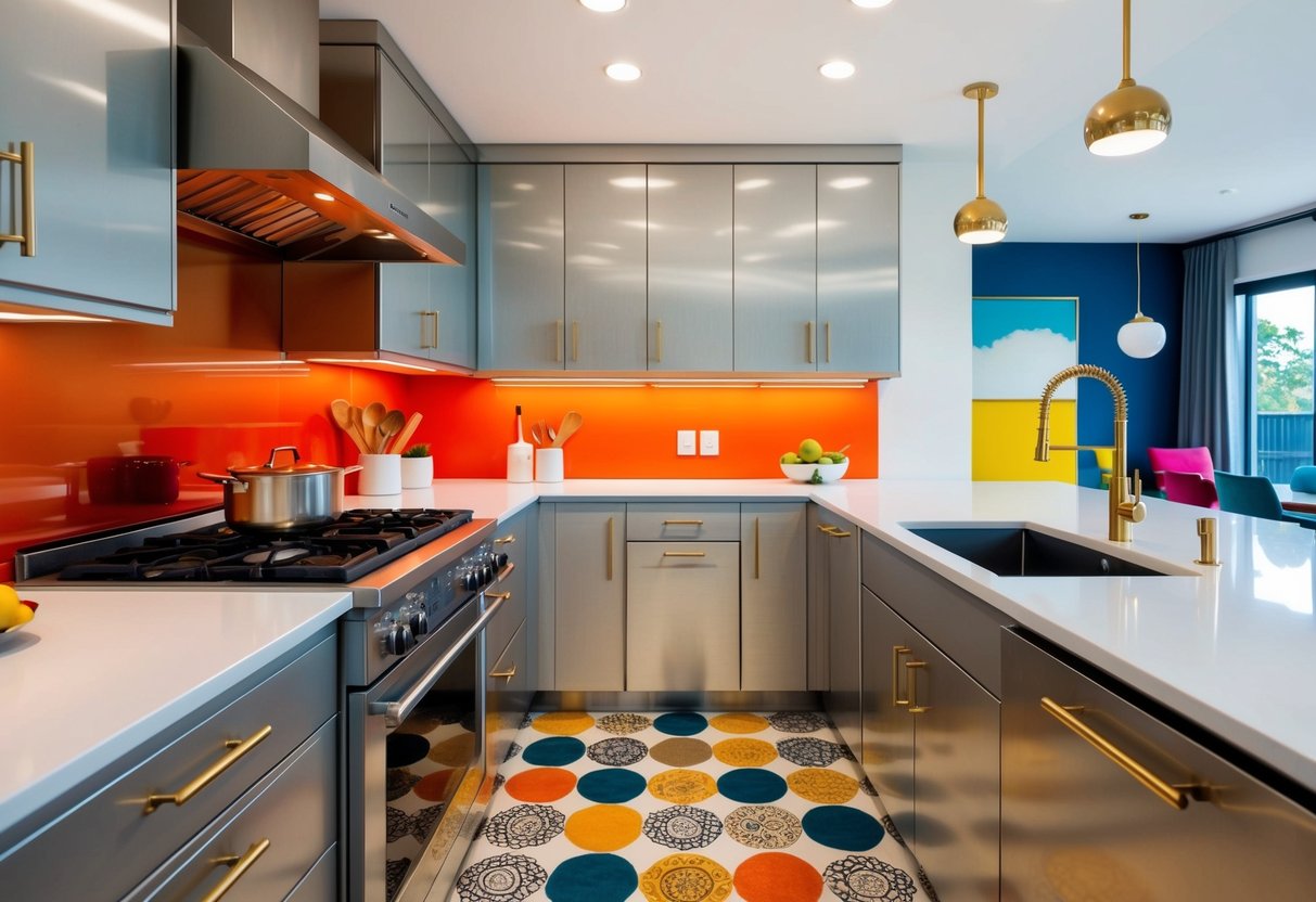 A modern kitchen with silver and gold hardware, featuring vibrant pops of color throughout the space