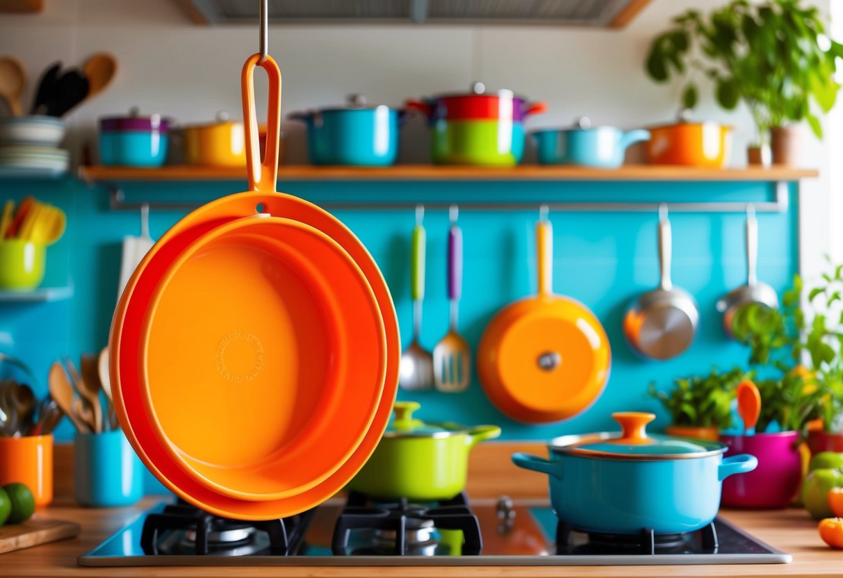 A tangerine pot holder hangs on a hook in a vibrant, colorful kitchen filled with bright utensils and cookware