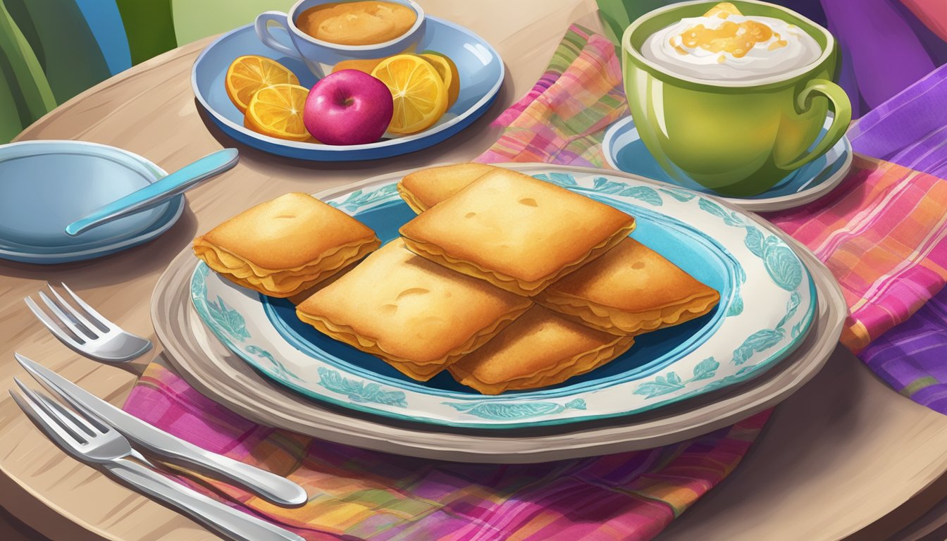 A plate of queijadas is placed on a table, surrounded by colorful napkins and delicate silverware