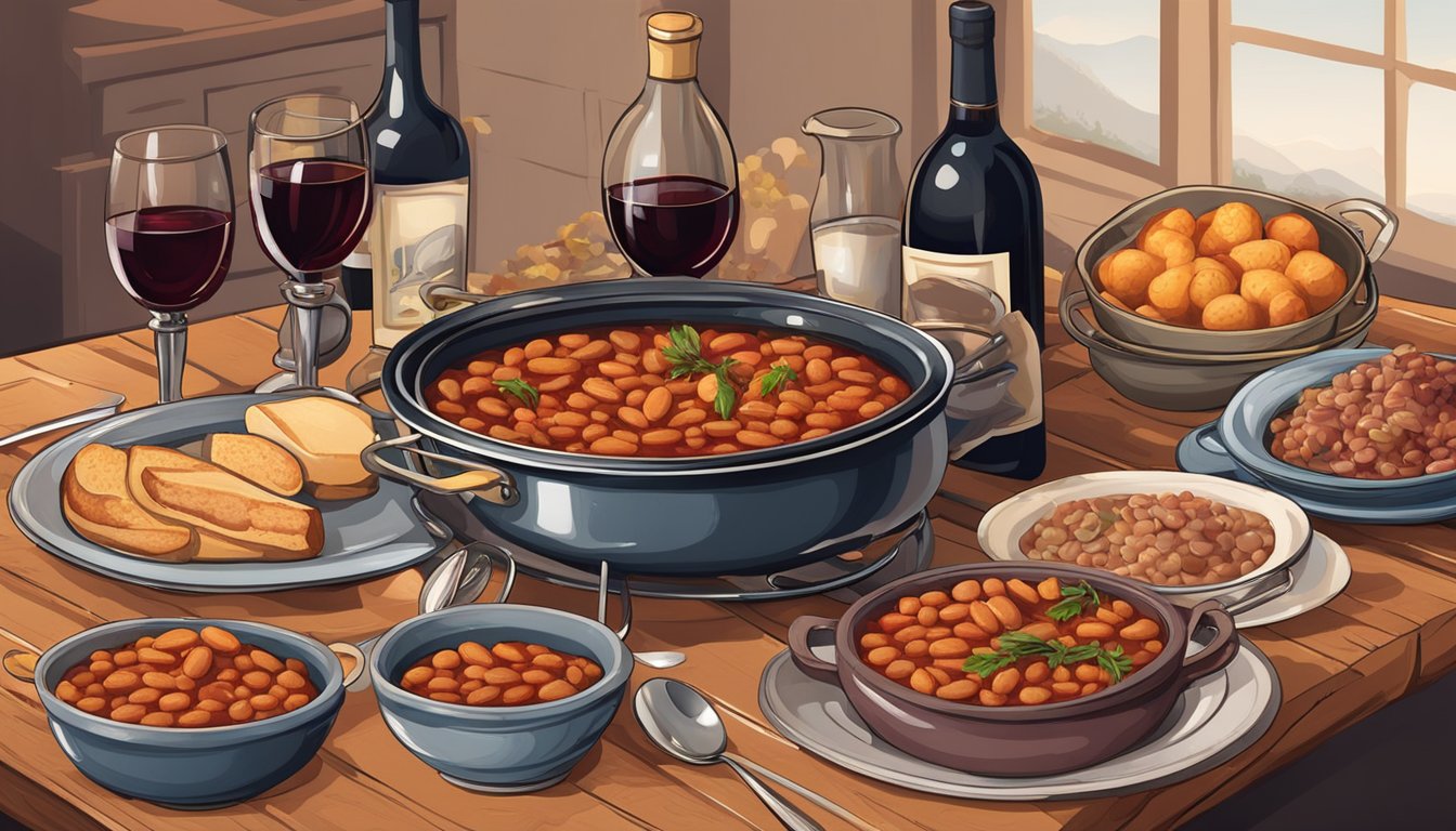 A rustic table set with a steaming pot of cassoulet, surrounded by bowls, spoons, and glasses of red wine