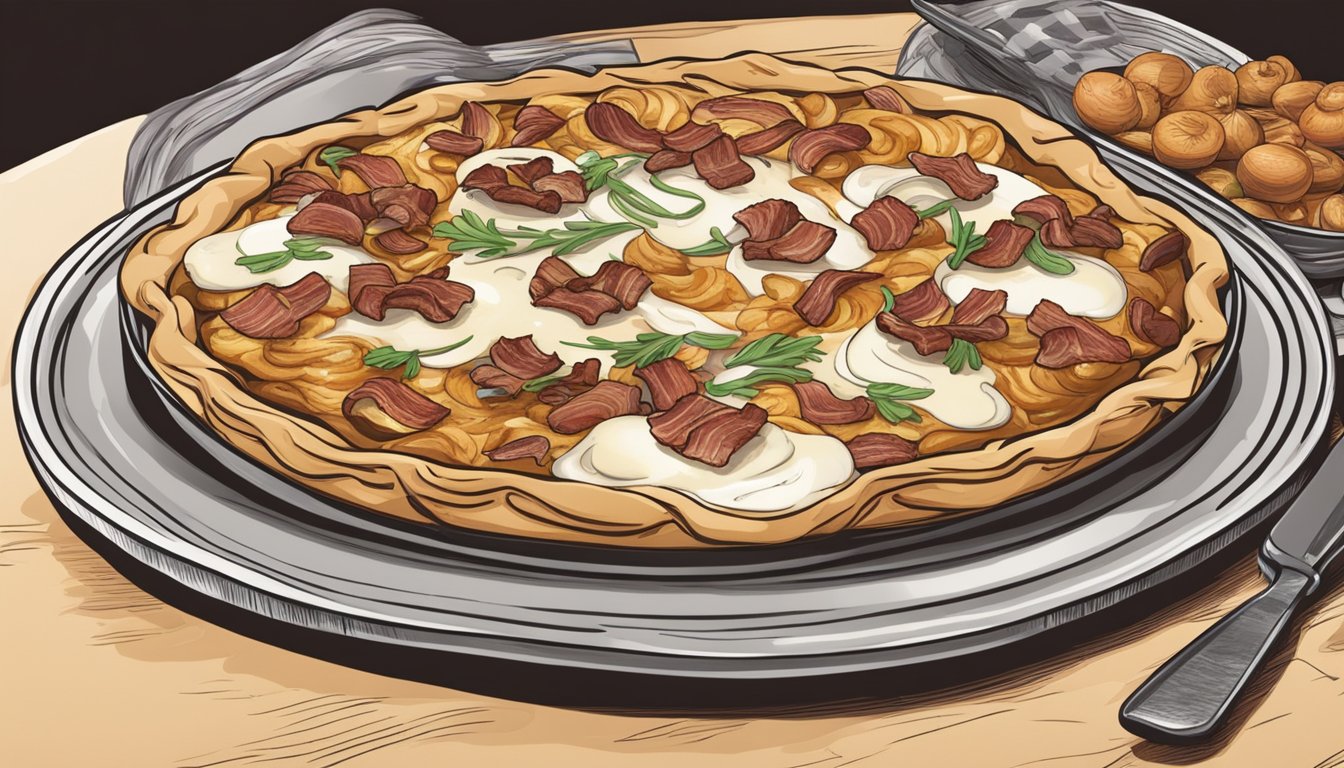 A table set with a freshly baked flammekueche, topped with onions, bacon, and cream, ready to be cut and served