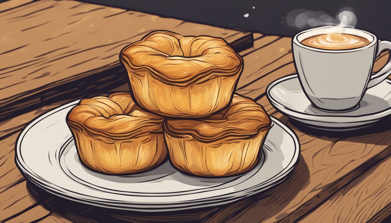 A flaky kouign-amann sits on a rustic wooden table, accompanied by a cup of steaming coffee and a small dish of salted butter