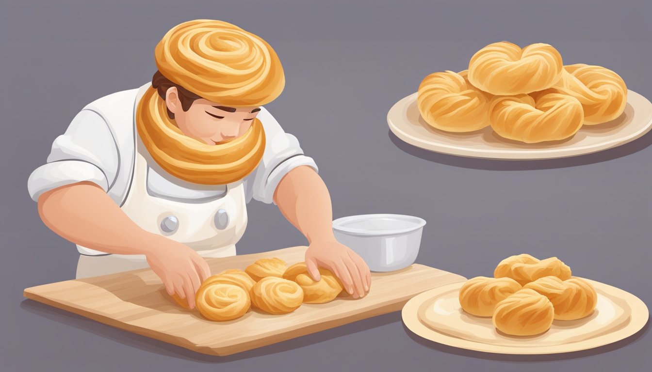 A baker rolls out dough, layers it with butter and sugar, then folds and shapes it into kouign-amann pastries