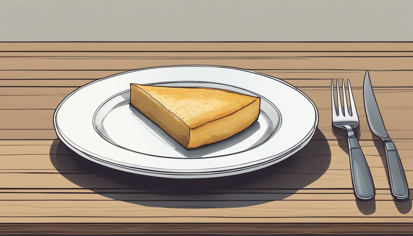 A slice of far breton on a plate with a fork beside it. A cup of coffee sits next to the plate