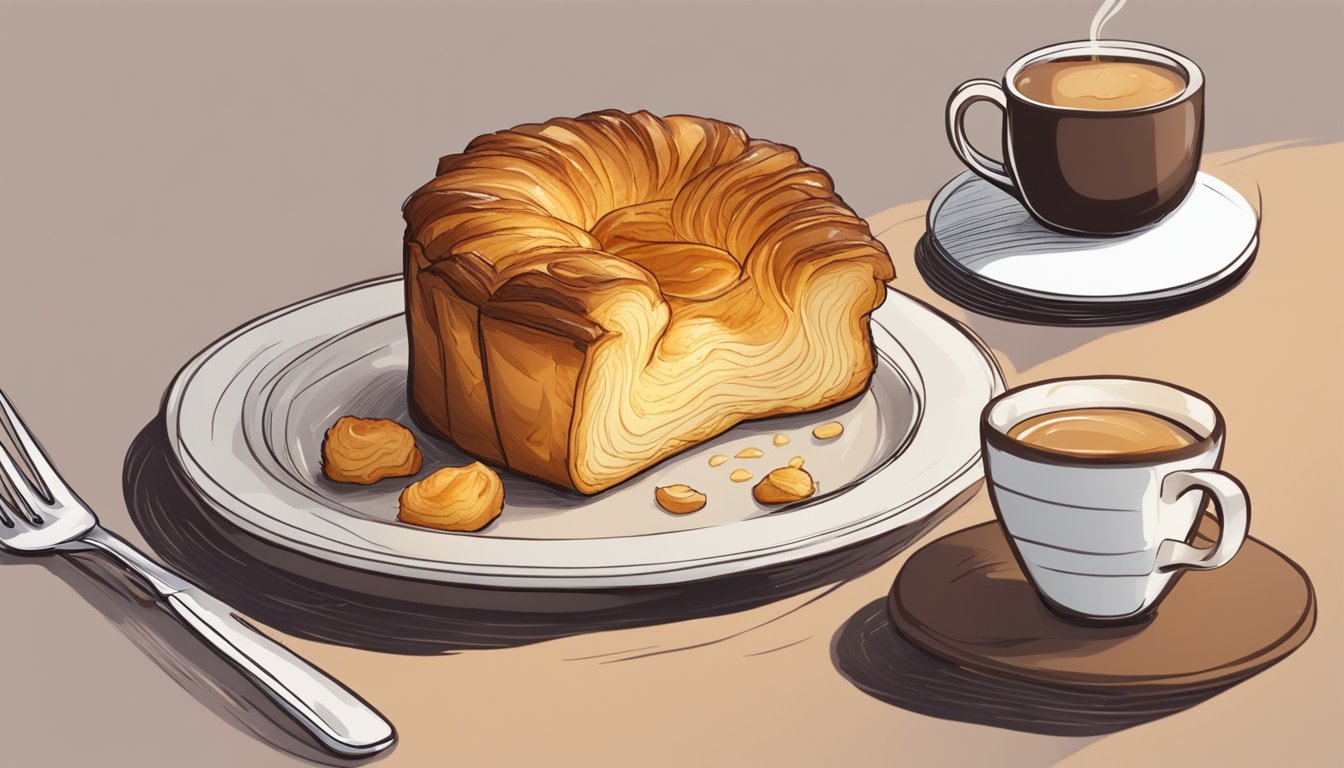 A kouign-amann sits on a plate, golden and flaky. A fork hovers nearby, ready to break into the caramelized layers. A cup of coffee steams in the background