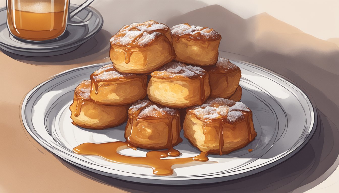 A kouign-amann sits on a delicate plate, surrounded by a dusting of powdered sugar and a drizzle of caramel sauce