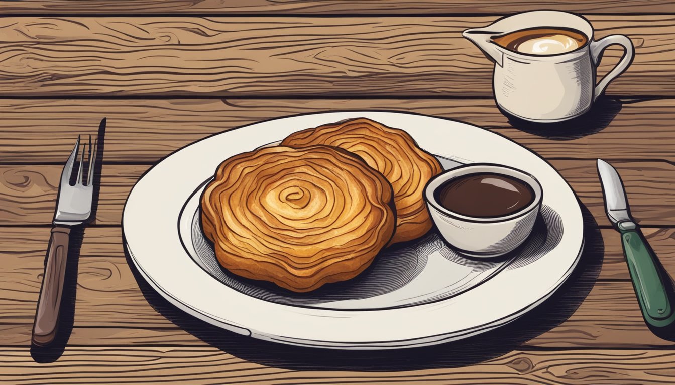 A plate of kouign-amann on a rustic wooden table, with a knife and fork nearby