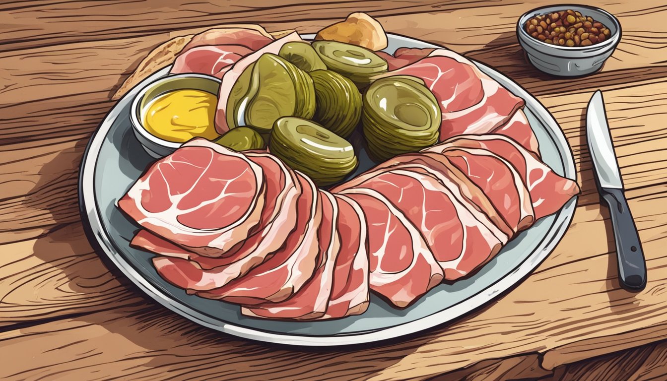 A plate with sliced jambon persillé, accompanied by pickles and mustard, placed on a rustic wooden table