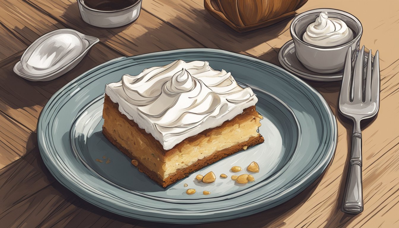 A slice of far breton sits on a rustic plate, accompanied by a dollop of whipped cream. A fork rests beside it, ready for the first bite