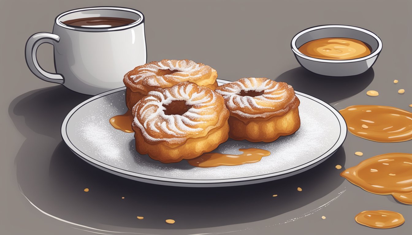 A plate of kouign-amann arranged in a circular pattern, with a dusting of powdered sugar on top and a side of caramel sauce for dipping