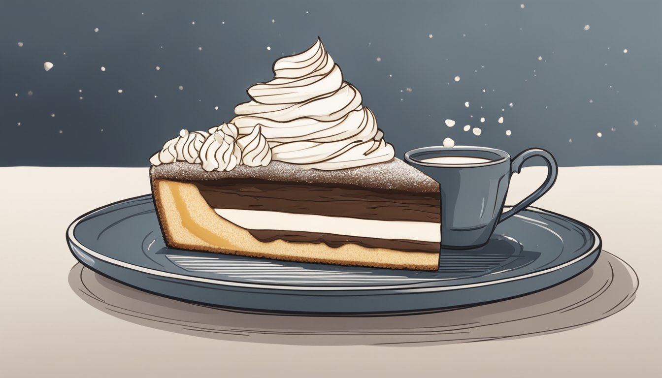 A slice of far breton sits on a plate next to a cup of coffee. The dessert is topped with powdered sugar and a dollop of whipped cream