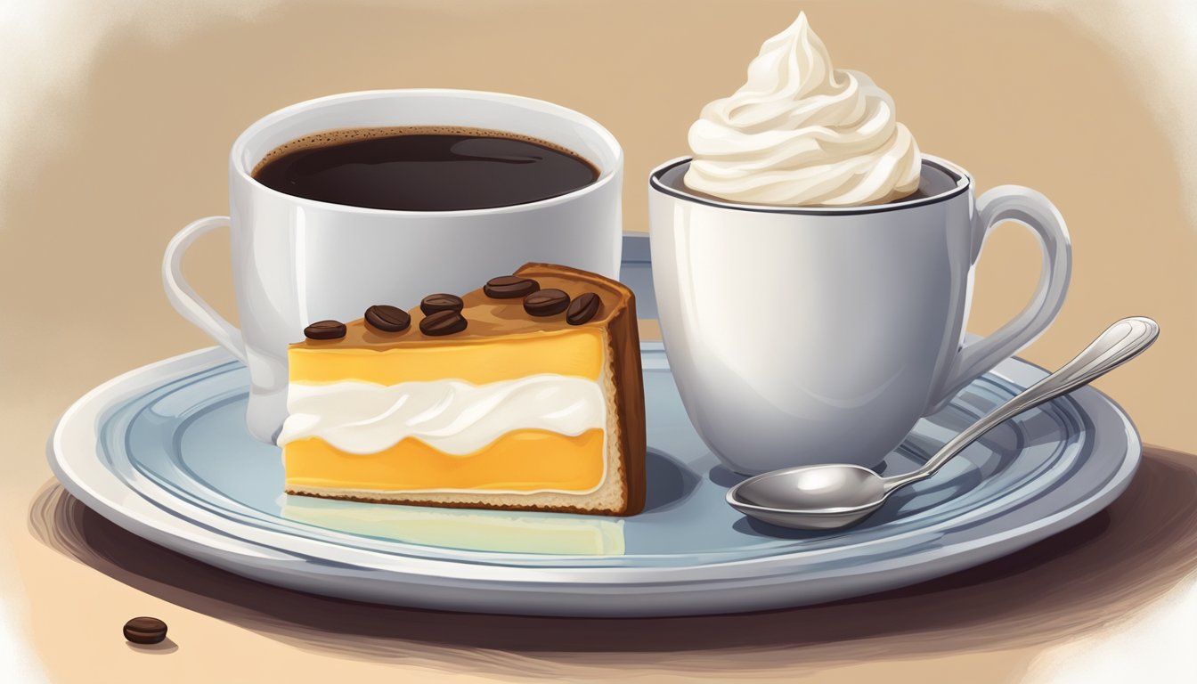 A slice of far breton sits on a plate, accompanied by a dollop of whipped cream and a small spoon. A cup of coffee or tea is placed nearby