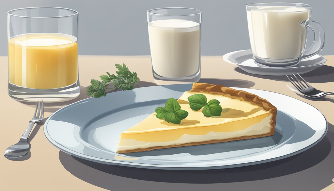 A slice of far breton on a plate with a fork beside it. A glass of milk sits next to the plate