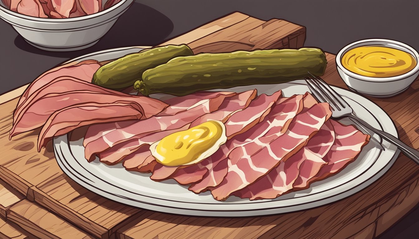 A plate with sliced jambon persillé, accompanied by pickles and mustard, sits on a wooden cutting board. A chef's knife and fork are nearby