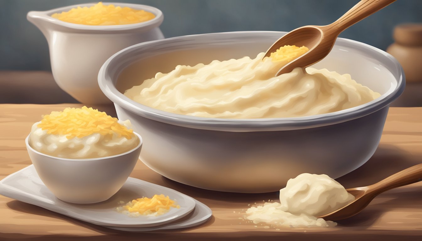 A wooden spoon scoops up a creamy, stretchy mound of aligot from a rustic pottery dish. A steaming pot of mashed potatoes and melted cheese sits nearby