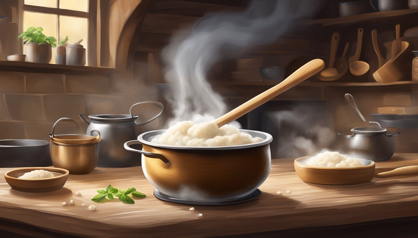 A bubbling pot of aligot being stirred with a wooden spoon, steam rising, with a backdrop of a rustic kitchen