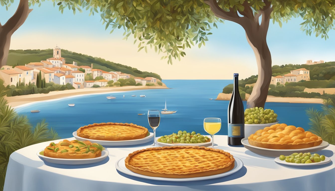 A traditional French village scene with a table set with a freshly baked pissaladière, surrounded by olive trees and a coastal backdrop