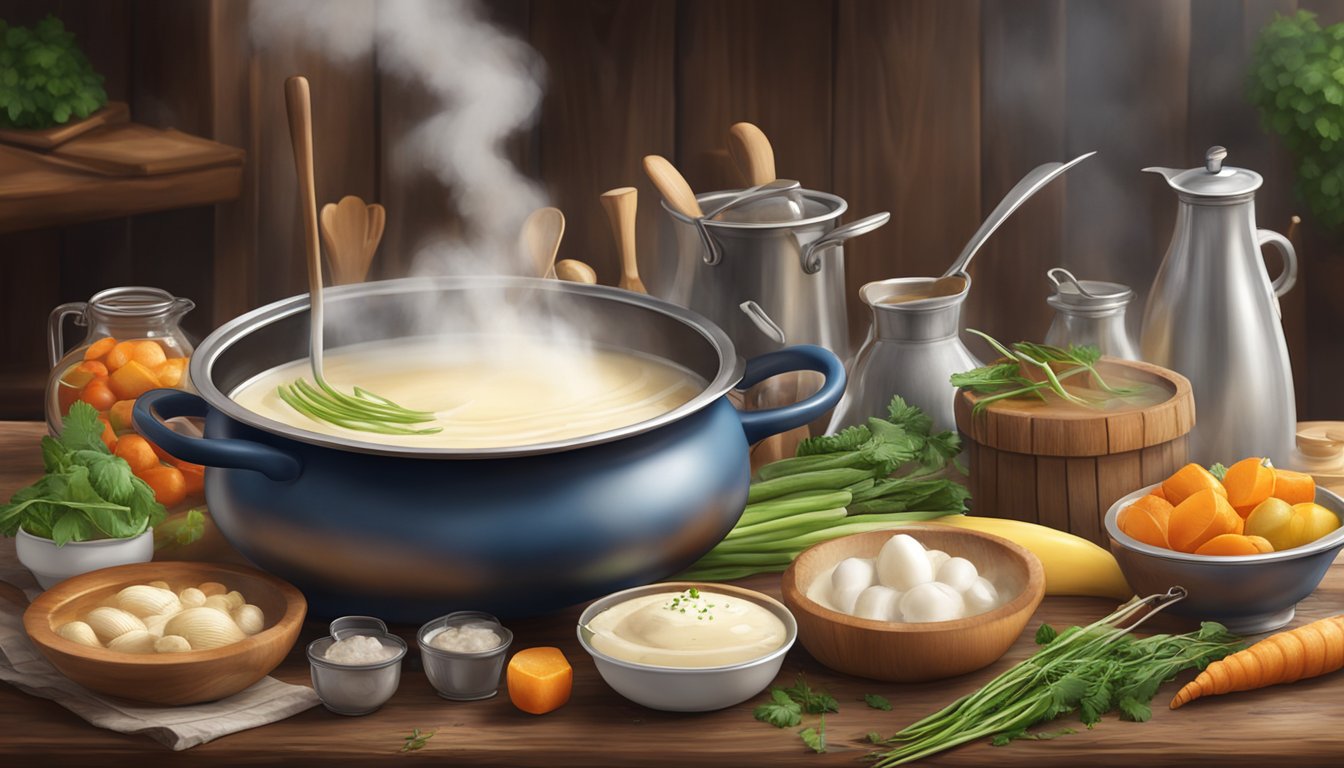 A steaming pot of aligot sits atop a rustic wooden table, surrounded by a colorful array of fresh ingredients and cooking utensils