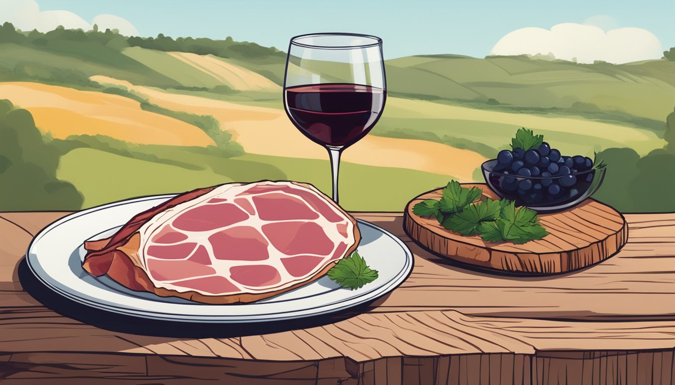 A plate of jambon persillé, accompanied by a glass of red wine, sits on a rustic wooden table