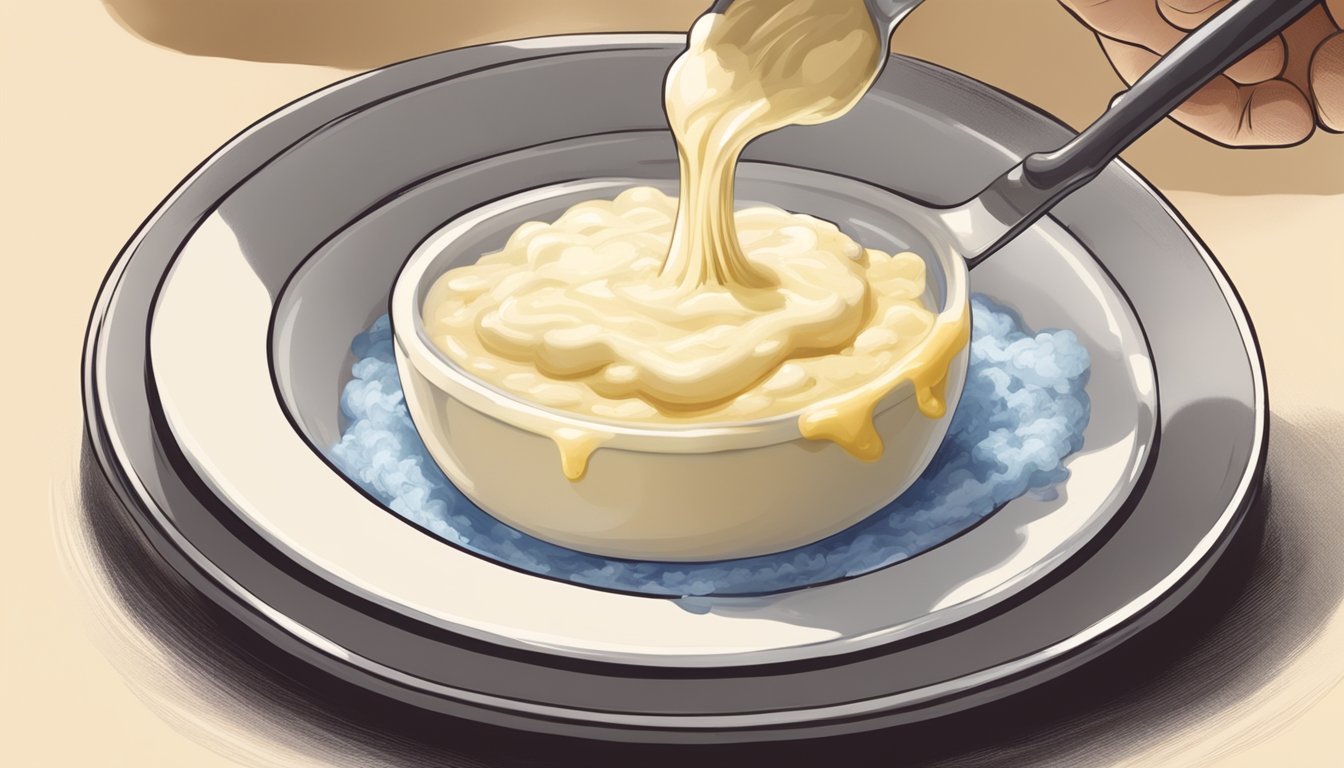 A steaming pot of aligot being spooned onto a plate, the creamy cheese and mashed potato mixture stretching and oozing as it is served