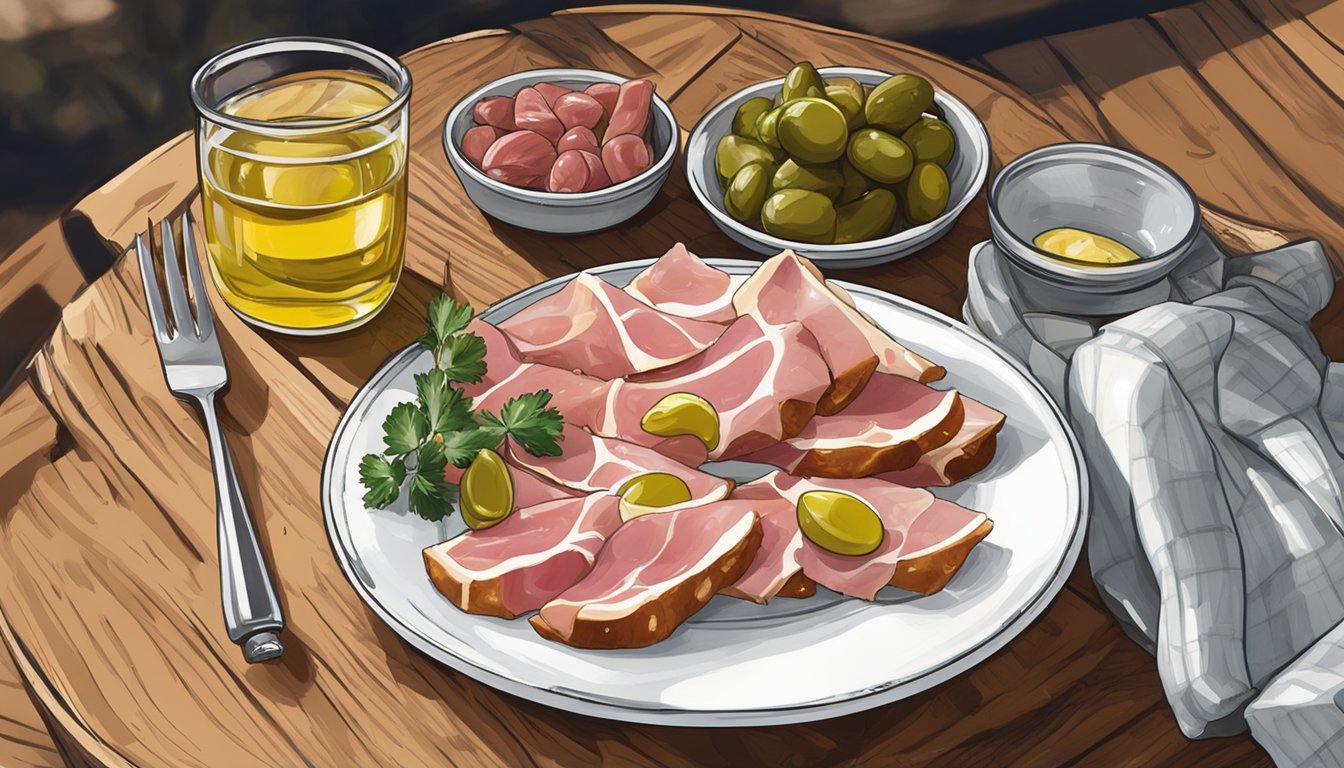 A plate with jambon persillé, accompanied by pickles and mustard, sits on a rustic wooden table next to a glass of white wine