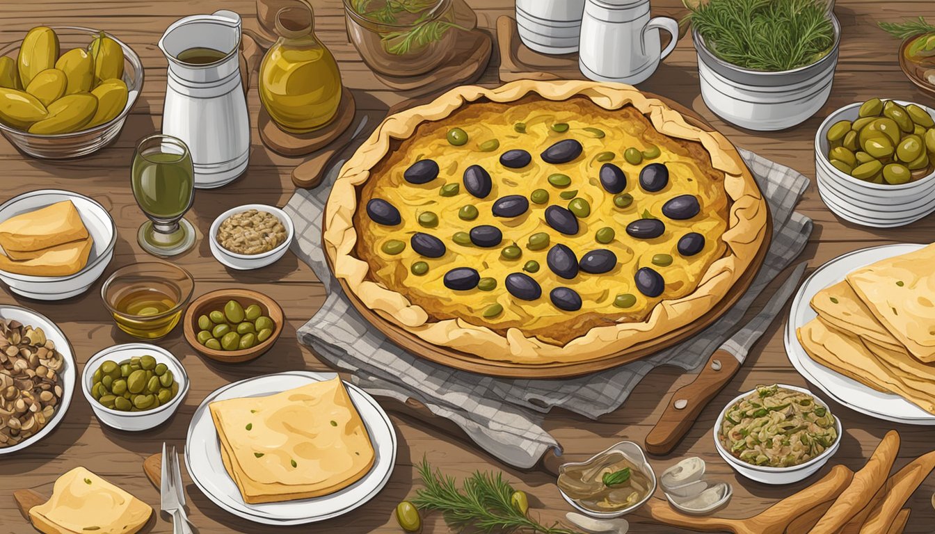 A rustic kitchen table with a freshly baked pissaladière surrounded by scattered ingredients like olives, onions, and anchovies