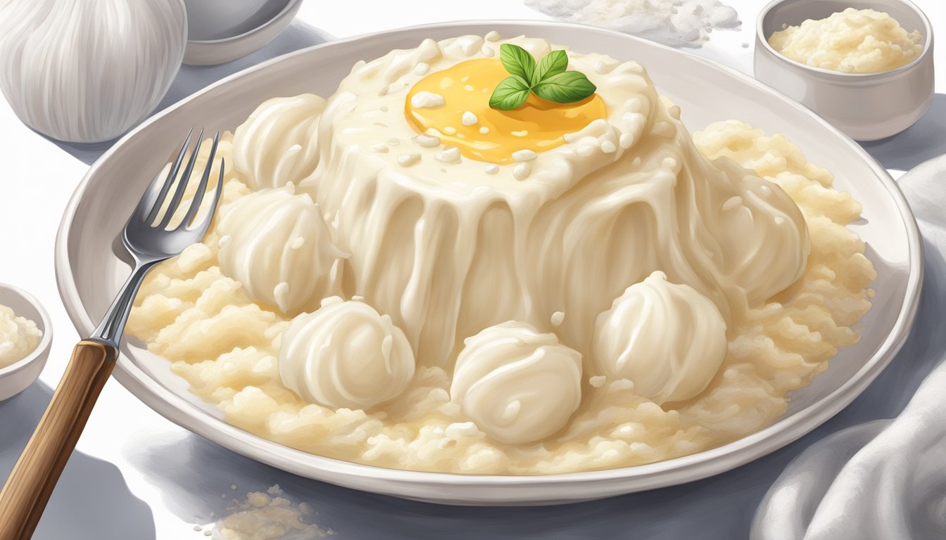 A person scoops up a creamy, stretchy mound of aligot with a fork, the cheese and mashed potatoes pulling into long, gooey strands