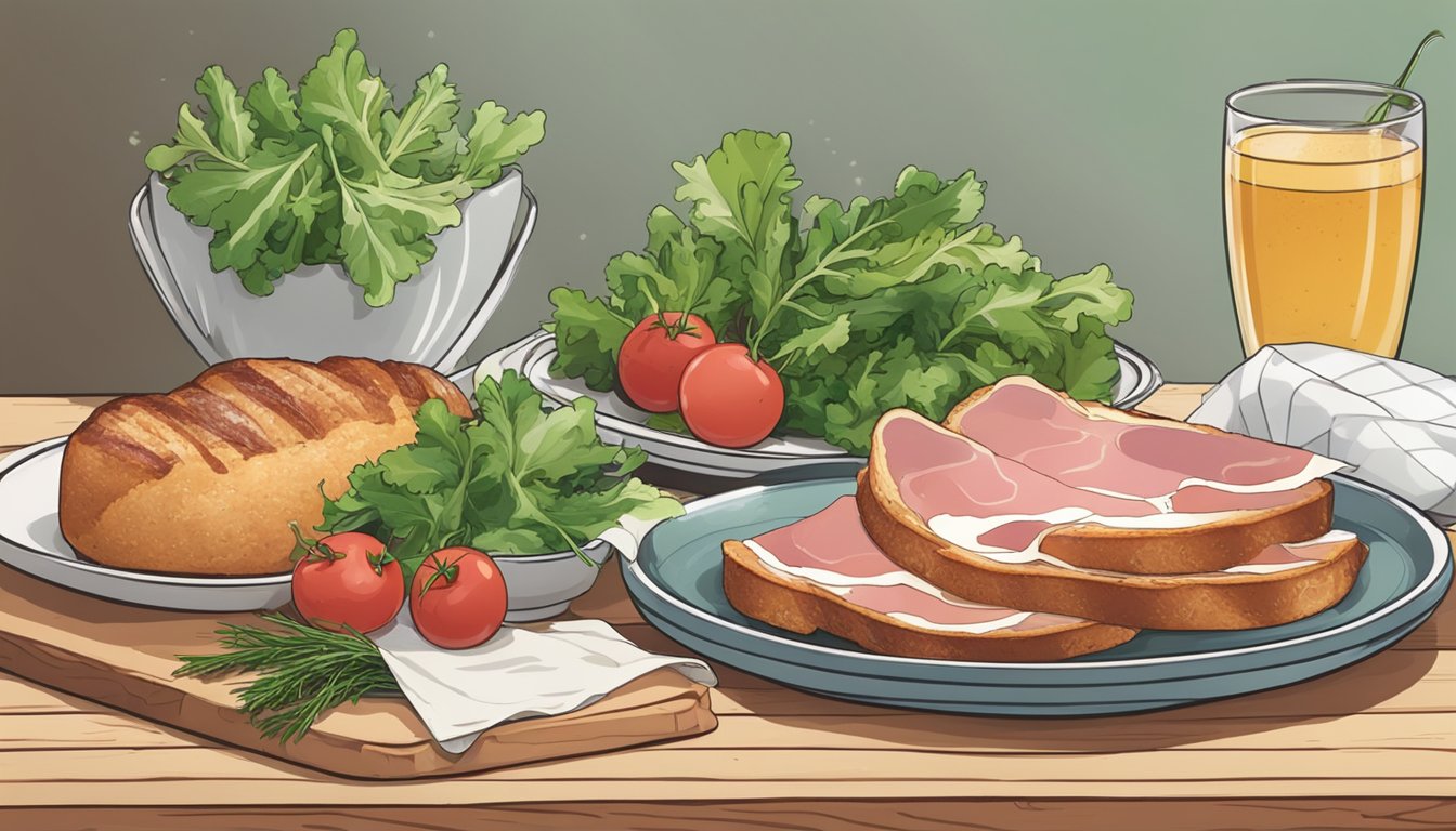 A plate with jambon persillé, accompanied by a side of fresh greens and a slice of crusty bread, all beautifully arranged on a rustic wooden table