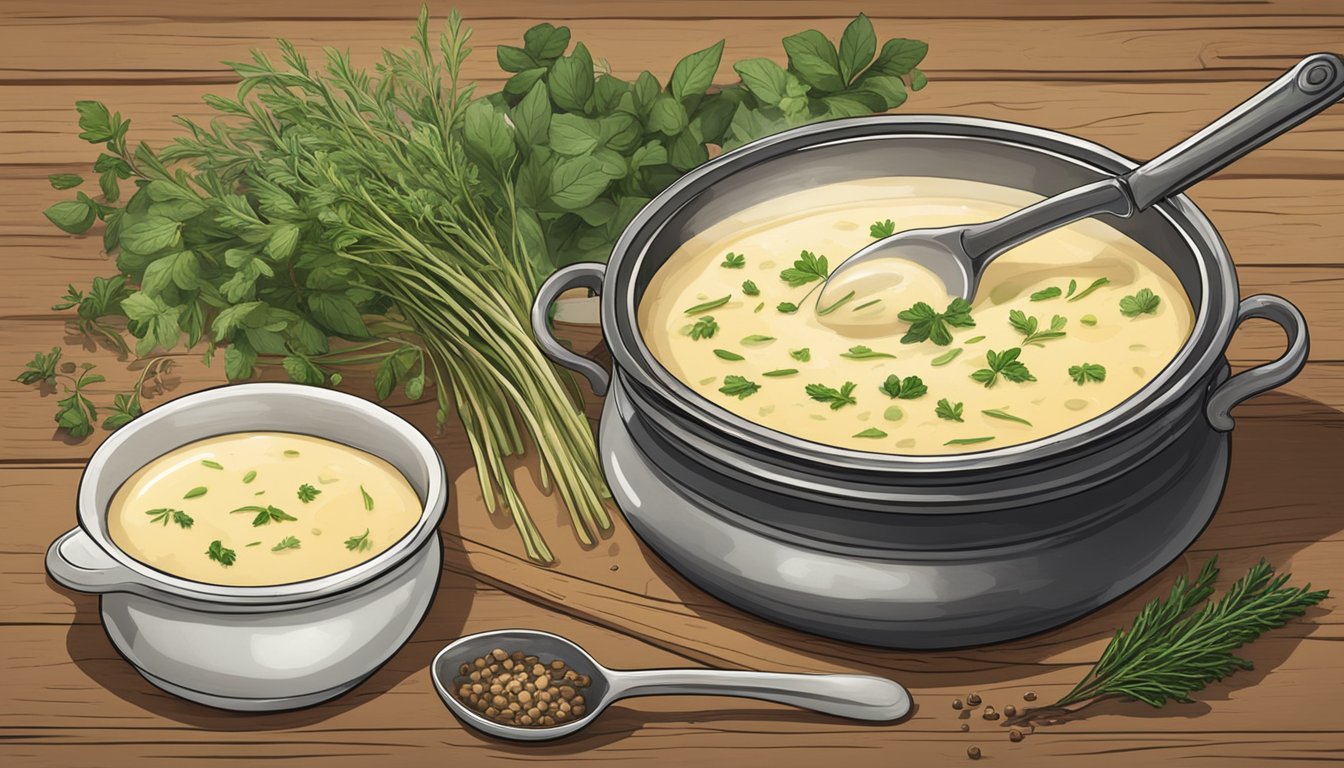 A steaming pot of aligot sits on a rustic wooden table, surrounded by bowls of fresh herbs and spices. A fork rests beside the pot, ready to scoop up the creamy, cheesy mixture