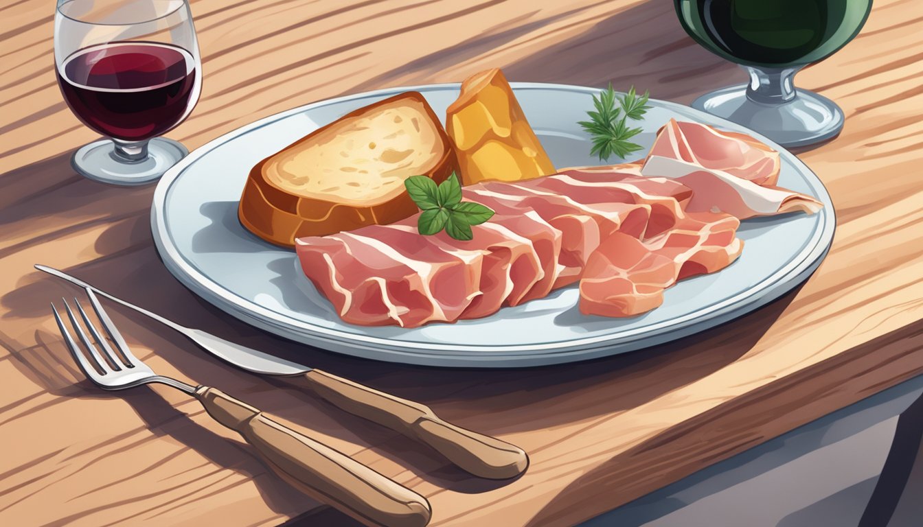 A plate with a slice of jambon persillé, accompanied by a fork and knife, on a wooden table with a glass of wine