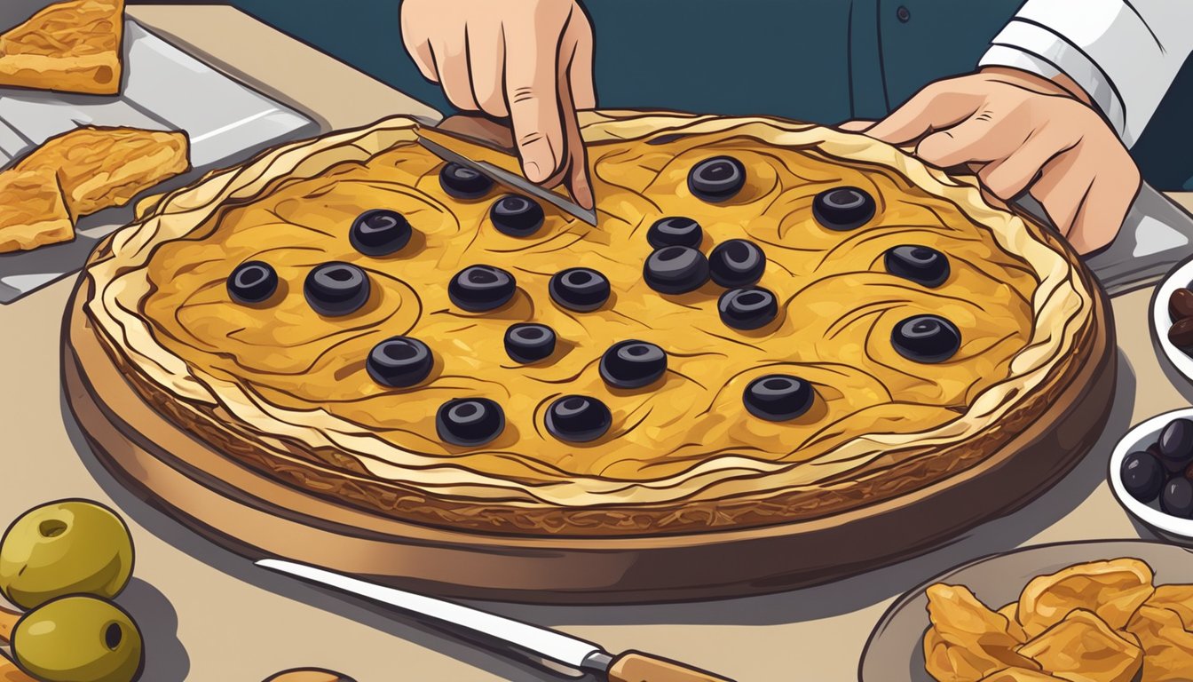 A person slicing a traditional pissaladière with a golden crust and topping of caramelized onions, anchovies, and olives, ready to be enjoyed