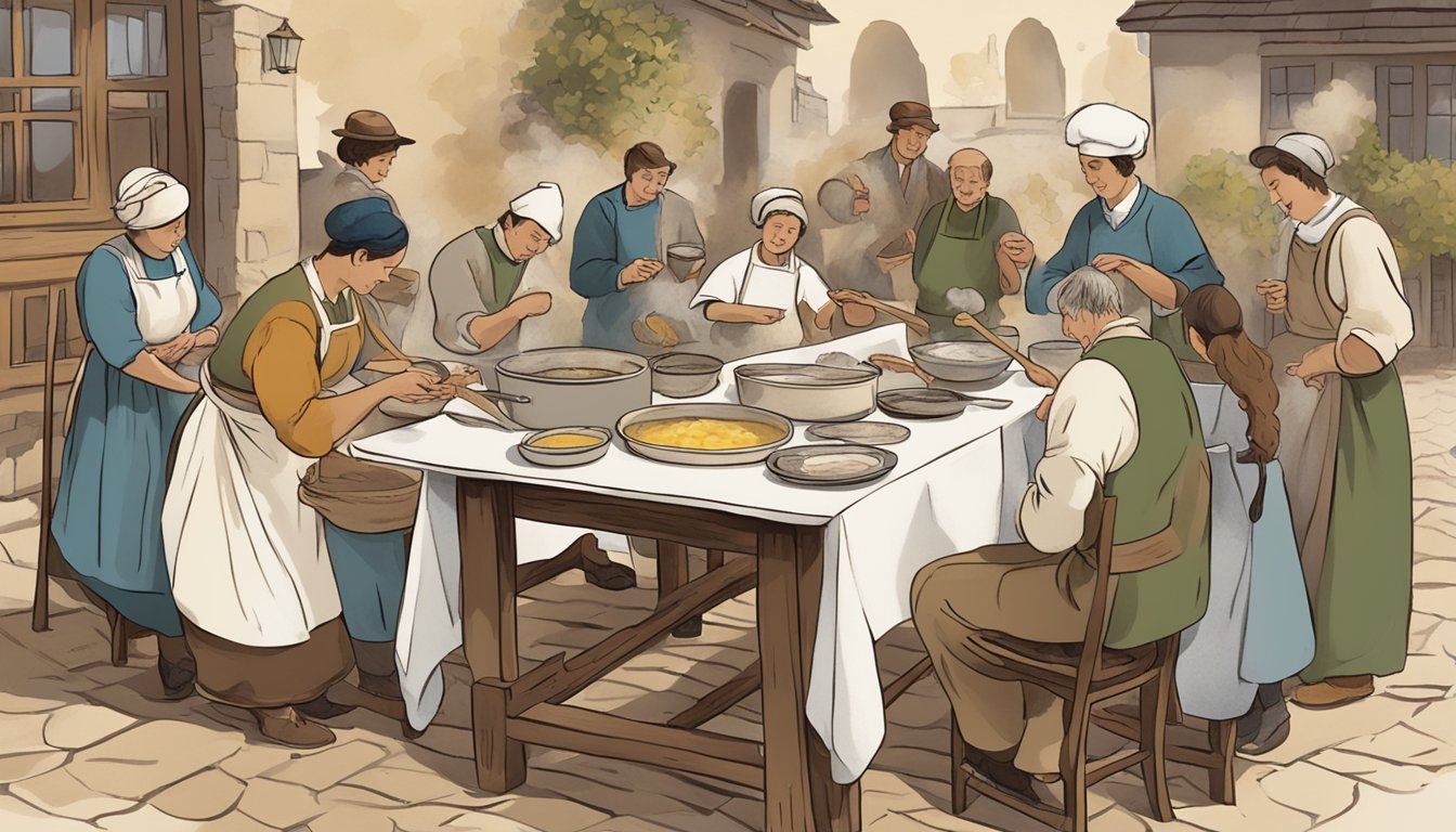 A rustic table set with a steaming pot of aligot, a wooden spoon, and a group of people gathered around, eagerly scooping up the creamy, cheesy dish