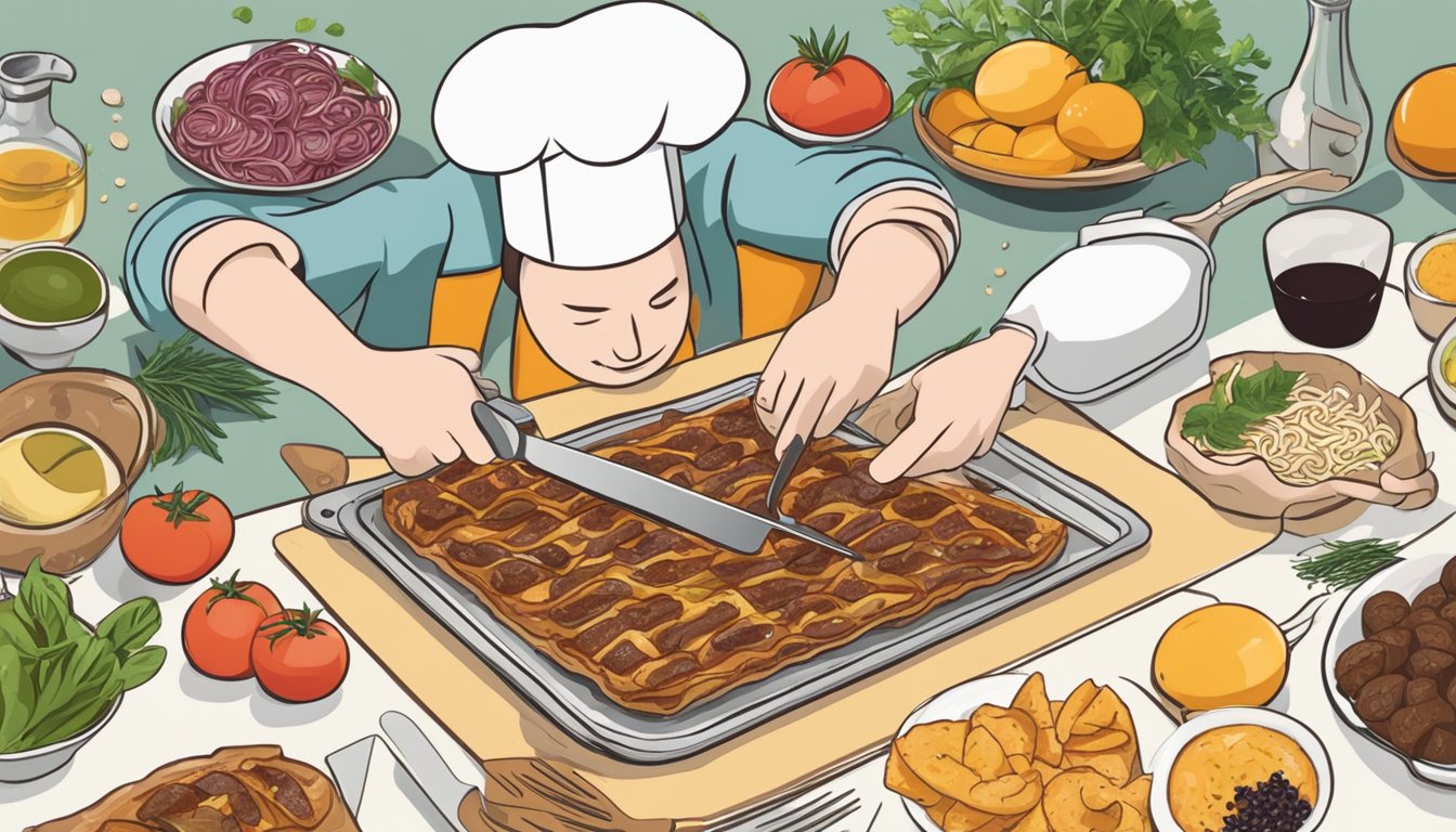 A person slicing a slice of pissaladière with a fork, surrounded by various ingredients and cooking utensils