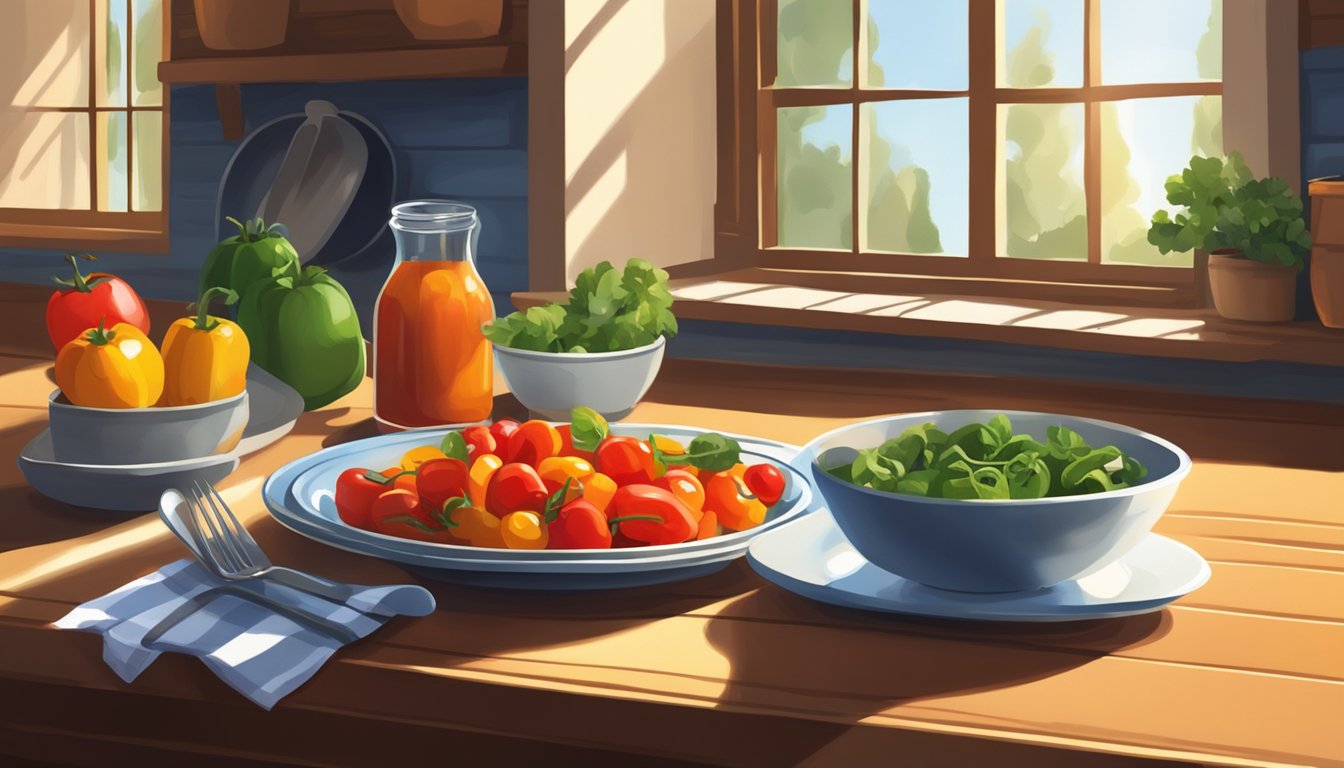 A rustic kitchen table set with a colorful plate of piperade alongside a fork and knife. Sunlight streams through a nearby window, casting a warm glow over the scene