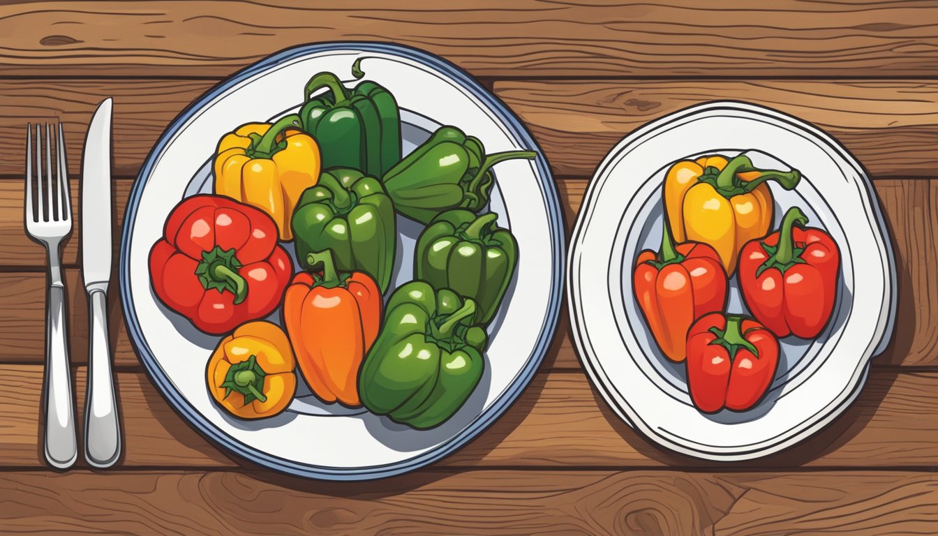 A plate of piperade sits on a rustic wooden table, surrounded by colorful bell peppers, onions, and tomatoes. A fork is poised to take a bite