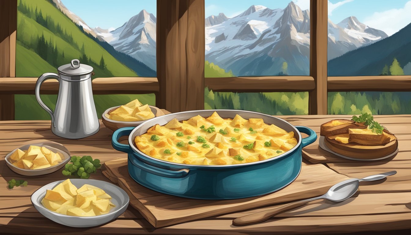 A rustic table set with a bubbling dish of tartiflette, surrounded by mountains and a cozy chalet