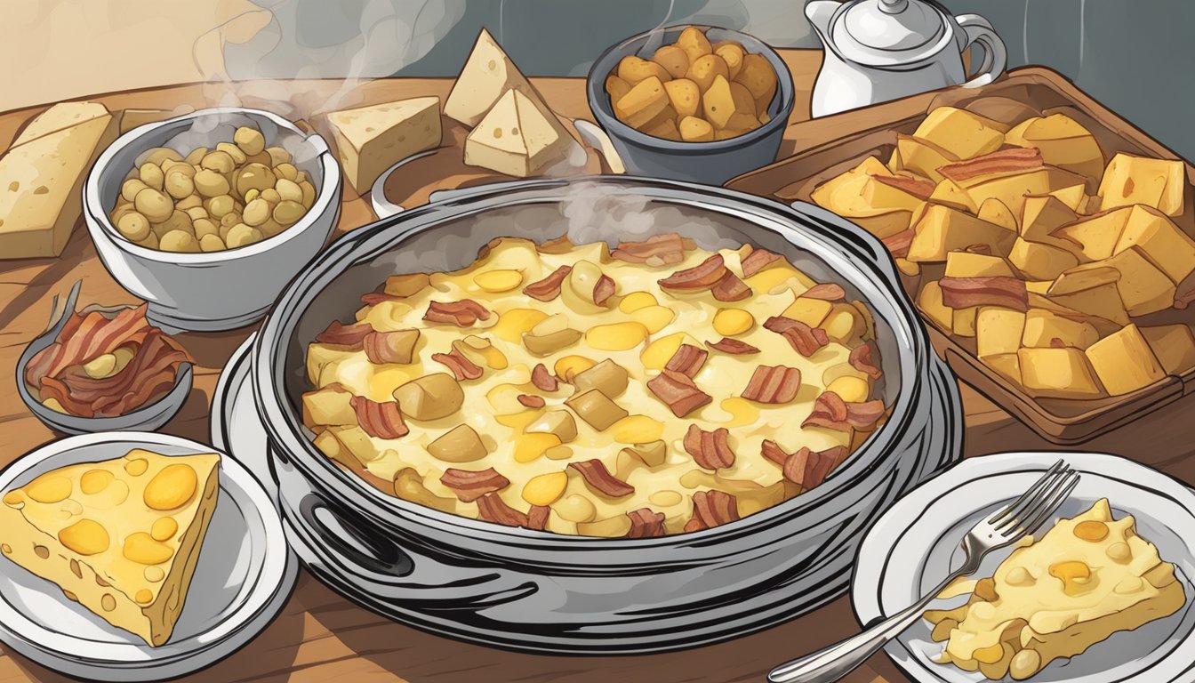 A table set with a steaming tartiflette dish, surrounded by melted cheese, potatoes, bacon, and onions. A fork is poised to dig in